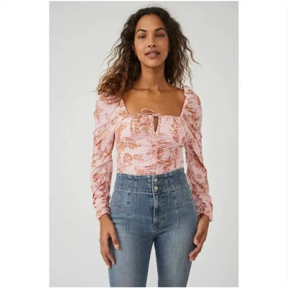 Free People NWT Floral Hilary Puff Sleeve Square Neck Top Pink Small OB1569574 - Picture 2 of 11